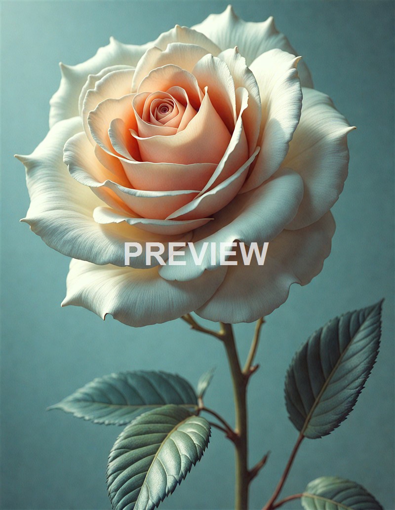 A close-up of a large, pale peach and white rose in full bloom with detailed petals and green leaves against a soft background.